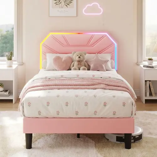 LIKIMIO Smart Bed Frame - Upgraded Modern Upholstered Indoor Furniture with LED-Lit Headboard, Heavy-Duty Supports, No Box Spring Needed, Noise-Free, Self-Assembling (LED Lights Bedroom Ready),dorm essentials,home decor