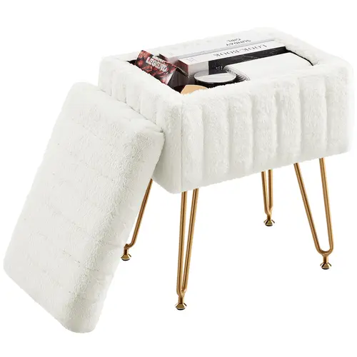 Sweetcrispy Faux Fur Vanity Stool Chair - Soft Cushioned Storage Ottoman Bedroom Furniture, 4 Metal Legs, Adjustable Feet, Quick Setup, Modern Indoor Furniture for Living Room, Soft Cushioned Stool, Floor Chair Bedroom Furniture