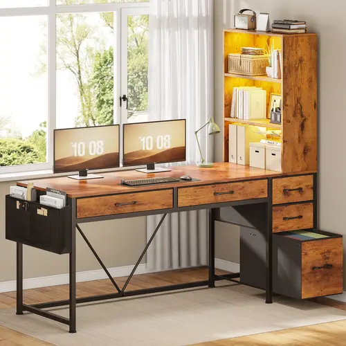 Sedeta 47.2-Inch Reversible Gaming Desk - Wooden Desktop, LED-Lights Drawers, Bookshelf Storage, Modern Durable Home Office Desk for Small Spaces, Studio Apartments, Streaming Setups, Commercial Furniture