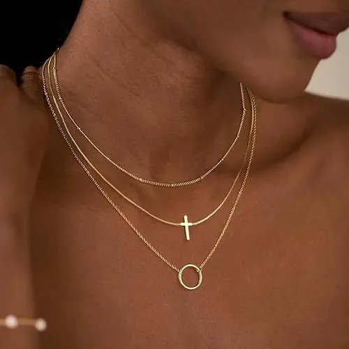 TASISO Women's Gold Layered Cross Necklace - Dainty Diamond Pendant, Non-Tarnish, Waterproof, Elegant Finish, Daily Wear Layered Jewelry, Dainty Cross Necklaces Minimalist Choker, Dainty Necklaces