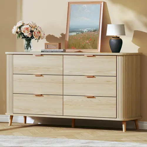 Fluted 6 Drawers Dresser for Bedroom, Mid Century Modern Closet Dresser & Chests of Drawers, Curved Profile Design, Dresser TV Stand, Wood Storage Dresser for Living Room, Entryway, Hallway, Oak