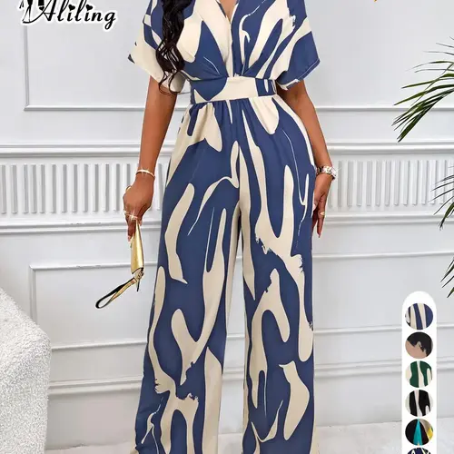 Women's Elegant Casual Loose-Fit V Neck Short Sleeve Romper, Woven Fabric Wide Leg Pants, All Season Fashionable One-Piece Womenswear