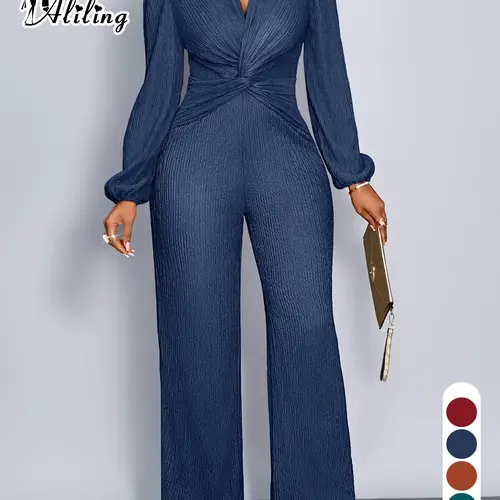 Aliling Fahsion Jumpsuit For Women Womenswear Autumn Sexy Elegant Chic Style Women's Jumpsuits, Elegant Fashion Jumpsuit, Deep V Neck High Waist Fit Twist Knot Design Long Pants, Puff Sleeve Wide Leg Pants Jumpsuit ,All Seasons Causal Wear