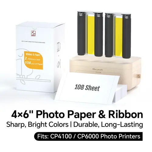 Hanin 4x6 in Glossy Thermal Transfer Photo Paper & Cartridge Refill Kit for Wi Fi Thermal Printers 108 Sheets, 2 Ribbons, 256 Vibrant Colors, 300 DPI, Anti Oxidation, Cost Effective Prints for CP4100/CP6000 Series (Computers & Office Equipment)