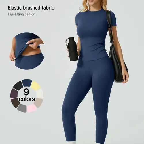 Two-Piece Set Women's Solid Ribbed Long Sleeve Tee & Leggings Sport Set, Casual Breathable Quick Drying T-shirt & Skinny Pants Set for Yoga Gym Workout Running, Ladies Sportswear for All Seasons, Exercise Clothing Set