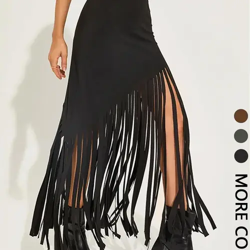 Women's Solid Color Fitted Fringe Trim Skirt, Aesthetic Fashionable Long Maxi Skirt for Party Club Dating Wear, Women's Bottoms for Summer, Womenswear, Gothic Style Skirt, Goth Punk Skirts, Fitted Design Skirt