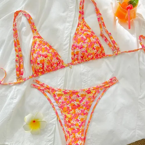 Women's Floral Print Spaghetti Strap Bikini Set, Casual Fashion Chic Swimsuit Set for Beach Holiday Vacation, Ladies Swimwear for All Seasons, Bikinis Sets, Summer Beach Bikini, Floral Bathing Suits, Printed Bikini Set