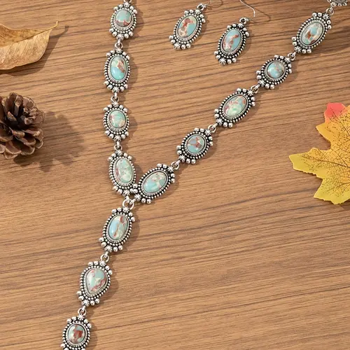 Boho Style Matching Jewelry Set, Vintage Fashion Long Necklace & Dangle Earrings, Necklace And Earring Set, Trendy All-Match & Exquisite Jewelry Set for Birthday Gift, Turquoise Jewelry Set