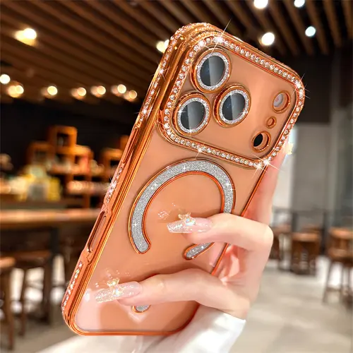 OREKROY Freeship Magnetic Glitter Smartphone Casing - MagSafe-Compatible, Military-Grade Protection, Bling Cover with Camera Protector for iPhone 17 Pro Max,17 Pro,17 Air,17,16,15,14,13,12 - Handheld Devices Accessories for Women