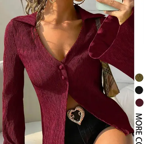 Women's Solid Color Fitted Flared Bell Sleeve Blouses & Shirts, Fabric, Casual Elegant Long Sleeve Top for Daily Wear, Ladies Clothes for All Seasons, Womenswear