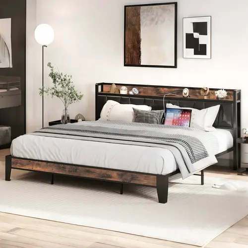 LIKIMIO Upholstered Headboard Bed Frame, Thick Storage Headboard with USB Port & Charging Station, Sturdy Metal Platform, Noise-Free, No Box Spring Needed, Easy Assembly Modern Bed Frame