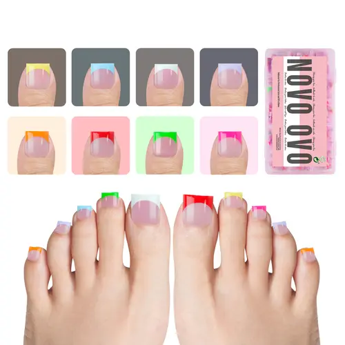 NOVO OV French Tip Press on Toe Nail Tips MIXED COLOR, Sharp Square Pre-Designed Soft Gel False Toenail Extension, Pre-applied Tip Primer & Base Coat, Full Cover Acrylic for DIY x 15 Sizes 240 pcs【NO GLUE & TOP COAT ,UV LIGHT】