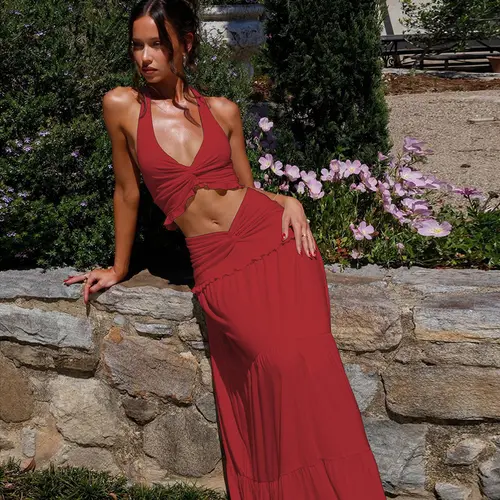 2026 New Arrival Women Halter Backless Crop Top Ruched Skirt 2Pcs Set Sleeveless Boho Outfit Summer Beach Holiday Party Valentine Gift