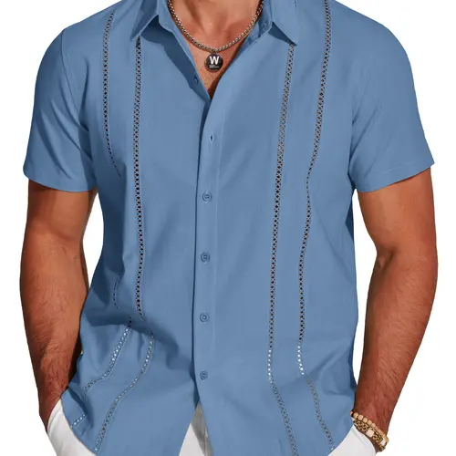 COOFANDY C Men's Cubn Guayabera Shirt Short Sleeve Button Down Shirts Casual Summer Beach Linen Shirts Menswear Soft Shortsleeve Tops