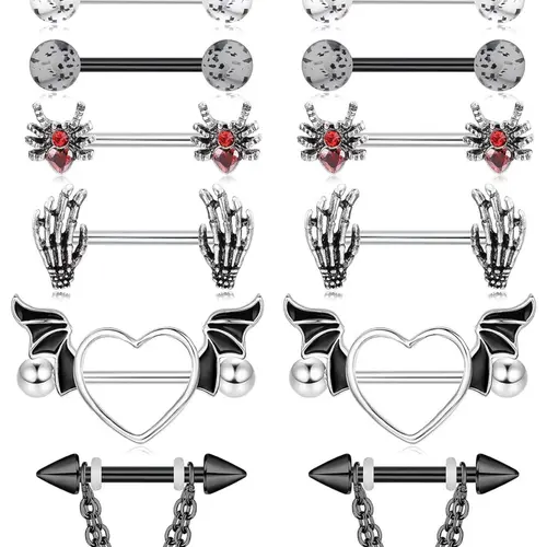 Punk Style Heart & Bat Wing & Hand Design Nipple Rings, Cute Nipple Body Piercing Jewelry, Body Jewellery for Women, Fashion Accessories for Party, Daily Clothing Decor, Body Piercings Set