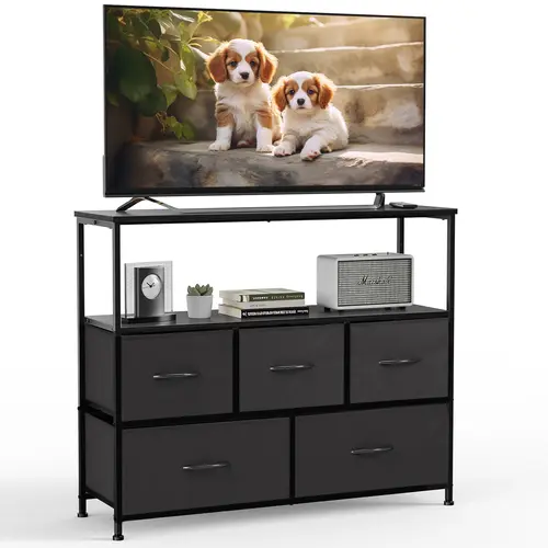 Sweetcrispy Rectangular TV Console Table with 5 Fabric Drawers - Open Storage Shelf Entertainment Center, Room & Living Room Decor Indoor Furniture for Bedroom Use, Living Room Furniture