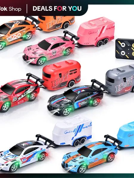 Hotfree 1/64 Mini RC Drift Car, Alloy M4 Racing Car with Trailer, 2.4GHz Remote & APP Control Truck, 3-Speed Modes, LED Lights, USB-C Charging, Indoor & Outdoor Toy, Birthday Christmas Gift for Kids & Adults