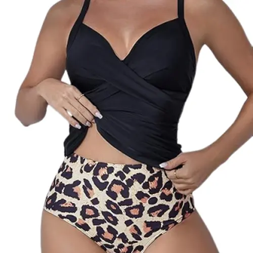 B2PRITY Women's 2-Piece Tankini Swimsuits Set, V-Neck Push-Up Bikini Top with Adjustable Strap Built-In Bra, High Waisted Belly Control Tummy Control Bottoms