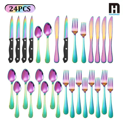 24PCS Modern Stainless Steel Silverware Set with Steak Knife - Rainbow/Rose Gold, Mirror Polished Cutlery for Family Dinner, Holiday Party Setup - Ideal for Home Kitchen Modern Tableware Sets