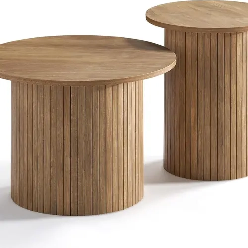 AMERLIFE Nesting Coffee Table Set of 2, Mid Century Modern Round Coffee Table, Wood Slat Side Table Set for Living Room, Office, Balcony/Christmas Gifts/Best Gift Ideas/Cozy Home