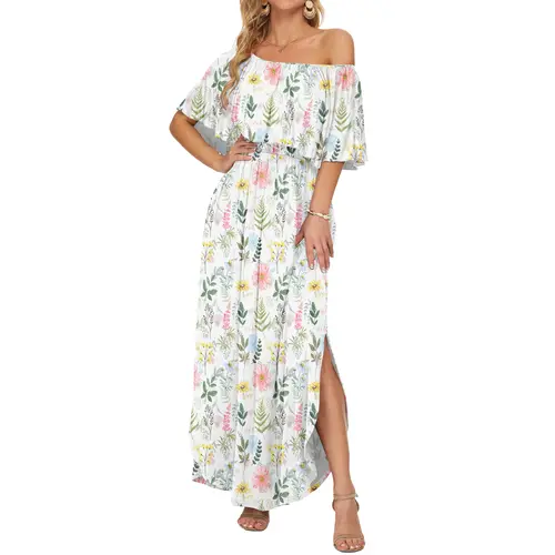 [Restocked] AUSELILY Women's Plus Size Off The Shoulder Dress Wedding Guest Dress Summer Casual Long Ruffle Party Side Split Beach Maxi Dresses with Pockets