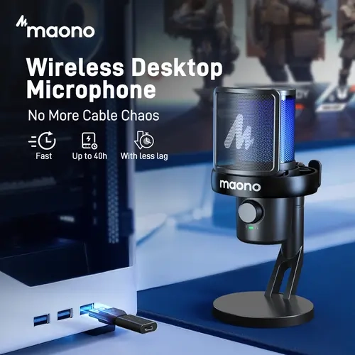 Maono DM40 Cordless Dynamic RGB Mic - Button-Controlled, USB-C Connection, Plug-and-Play Audio, Noise Cancellation, 10 Kinds of AI Voice Change, EQ Setting, -3dBFS±3dB (Gain Max), Manual, Streaming Setup, 12-Month Warranty for Content Creators, PC, PS5
