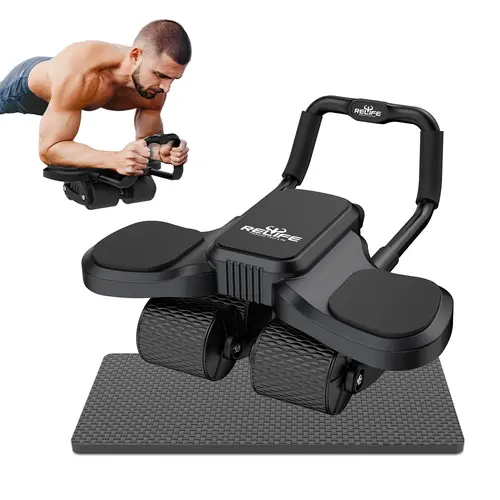 RELIFE 4-Wheel Automatic Rebound Ab Roller - Adjustable Foam Pads, Phone Holder, Quiet Design Adjustable Abs Trainer for Home Gym (Abdominal Workout, Tummy Exercise, At Home Gym Use), Abdominal Workout Equipment