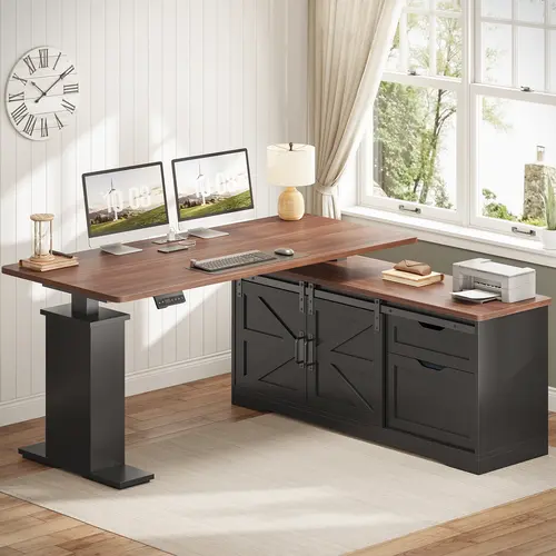 Sedeta 55/63 in L-Shaped Electric Auto-Adjustment Compact Modular Multi-Function Computer Office Desk - Ergonomic Commercial Furniture with Drawer, Storage Cabinets, Assembly Required for Modern Home Office Study, Reception Use, Desk For Home Office