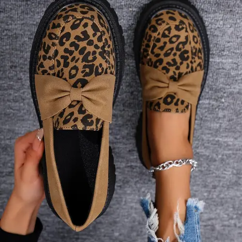 Women's Fashion Leopard Print Bowknot Design PU Leather Loafers, Casual Flats Comfortable Slip-On Shoes for Daily Wear, Lightweight Breathable Shoes for All Seasons