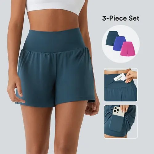 Halara 3-Piece Super High Waisted Back Pocket & Side Hidden Pocket 2-in-1 Yoga Shorts 5" Set #BackToSchool
