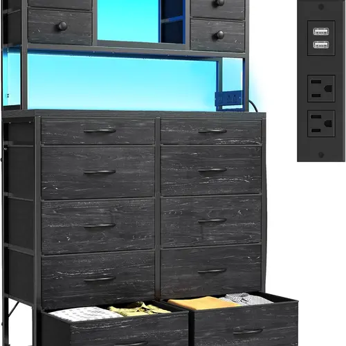 RaybeeFurniture Dresser with 14 Fabric Drawers,Tall Dresser for Bedroom with Charging Station and LED Lights,Dressers & Chests of Drawers for Bedroom, Steel Frame & Wooden Top for Closet, Entryway
