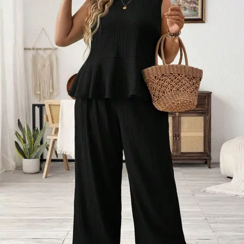 [Plus Size] Two-Piece Set Casual Minimalist Solid Color Tank Top & Pants Set, Sleeveless Top & Trousers, Women's Two-piece Outfits for Summer, Womenswear, Suits, Clothes