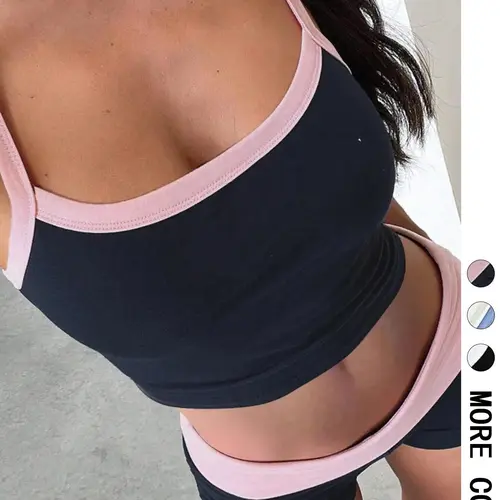 Women's Colorblock Crop Tank Top & Shorts Set, Sporty Casual Two-piece Outfits for Summer, Women's Clothing for Indoor Outdoor Wear, Sporty Style Clothes, Summer Activewear, Sporty Chic Outfit, Sports Outfits