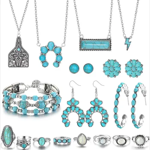 Boho Style Turquoise Jewelry Set, Necklace, Bracelet, Earrings & Rings, Trendy Fashion Jewelry for Party & Daily Wear, Exquisite Birthday Gift