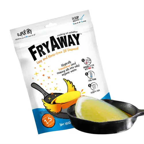 FryAway Super Fry Cooking Oil Solidifier - Kitchen Tools, Plant-Based Powder that Solidifies Oil, 24-Cup Capacity, Convenient Measuring, No-Rinse Mess-Free Cool & Toss Cleanup, Non-Aerosol, Made in USA, Kosher, Easy to Use