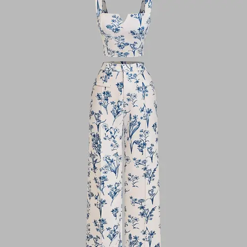 Women's Plants Print Tank Top & Wide Leg Pants Two-piece Set, Casual Sleeveless Top & Pants for Daily Wear, Ladies Summer Clothes Style