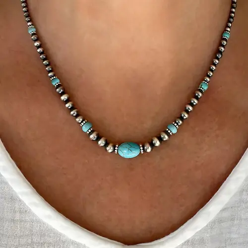 Boho Style Turquoise Decor Beaded Necklace & Dangle Earrings, Vintage Trendy Jewelry Set, Fashion Accessories for Women