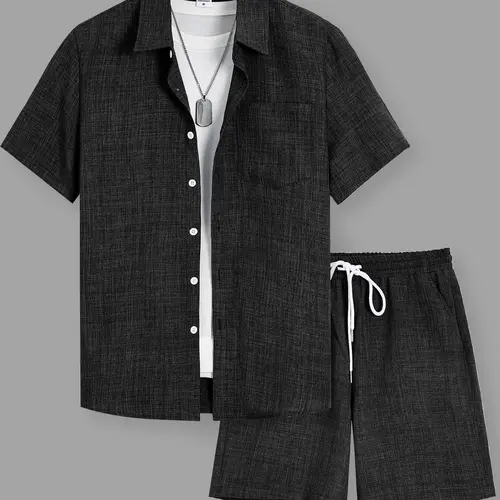 Men's Solid Short Sleeve Shirt & Shorts Loungewear Set, Shorts Lounge Outfit, Casual Comfy PJ Top & Shorts, Two-Piece Pajamas Set, Men's Sleepwear for Summer, Lounge Sets