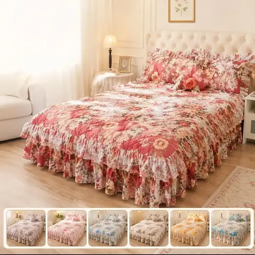 Floral Print Ruffled Edge Bed Skirt Set, 3-Count Soft Household Bedding Set Including 1 Bed Skirt and 2 Pillowcases without Filler, Comfy Decorative Bedding for Home Bedroom Bedskirt Set #GLOBAL PICKS