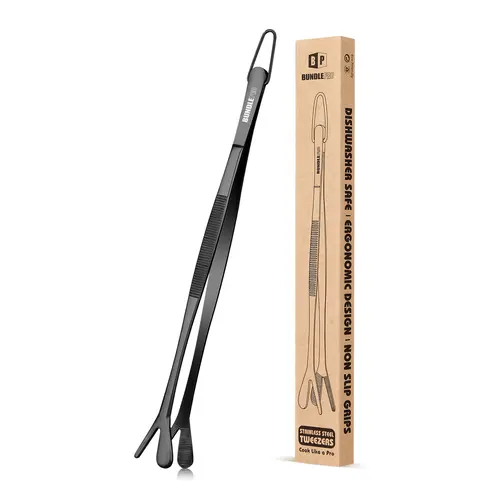 BUNDLEPRO 12-Inch Professional Black Fine-Tooth Stainless Steel Kitchen Tweezers - Fine-Tooth Pickup Tool for Grilling Barbecue Accessories, Barbecue Utensils, BBQ Tools, Pick Caviar Kernels, Food Handling