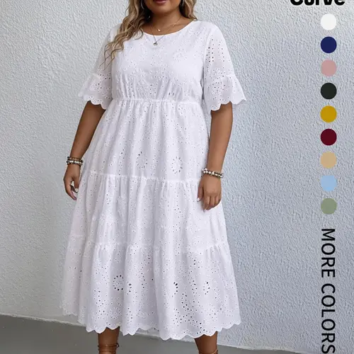 Plus Size Lightweight Plain Eyelet Embroidered Dress, Boho Bohemian Fashion Round Neck Short Sleeves Casual Dress for Daily Wear, Holidays and Vacations, Women's Plus Clothing for Summer, Womenswear