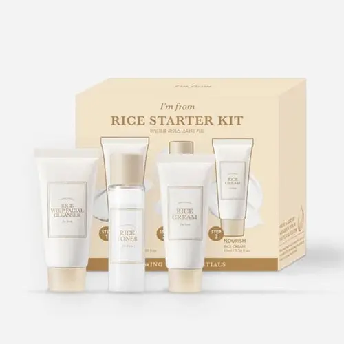 [I'm from Official Shop] Rice Starter Kit, 3 pcs Gift, Travel Kit with Rice Face Wash 1.01 fl oz & Rice Toner 1.01 fl oz & Rice Cream 1.01 fl oz, Hydrating for Dry Skin Skincare Comfort