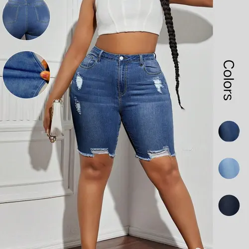 Women's Denim Shorts, Casual Jorts, Casual Fitted Shorts, Fashion Casual Ripped Button Slim Fit Shorts for Daily Outdoor Wear, Ladies Bottoms for Summer, Everyday, Womenswear