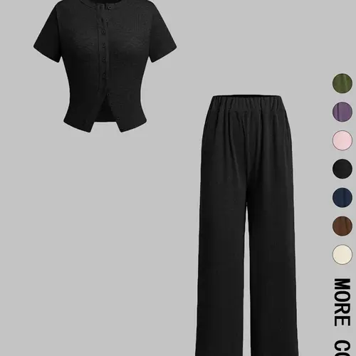 Women's Solid Ribbed Basic Minimalist Crop Top & Wide-Leg Pants Two-Piece Set, Casual Cozy Fitted Top & Trousers for Daily Outdoor Wear, All-Season Ladies Clothes, Summer Airport Outfit, Womenswear, Knitwear Set Two Pieces Outfits