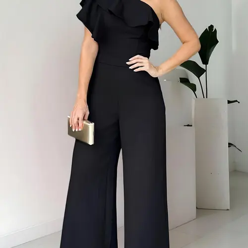 Women's Plain One-Shoulder Ruffle Slim-Fit Jumpsuit, Elegant Casual Fashion, Jumpsuit for Daily Outdoor & Summer Wear, Piece