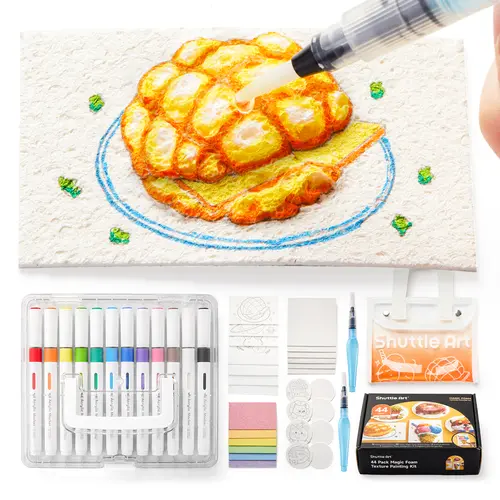 Shuttle Art 44 Pcs Magic Foam Texture Painting Kit - Playful Painting Complete Craft Set with 28 Foam Texture Papers, 12-Color Brush Tip Automatic Ink Control Acrylic Paint Markers, 3D Effect DIY Material & Crafting Kit Tools for Gifts