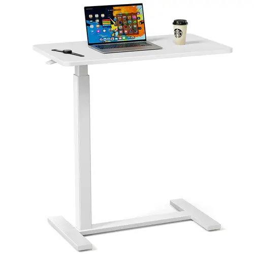 Height Adjustable Modern Rectangular Overbed Table with Single-Column Steel Legs, Rolling Wheels – Mobile Standing Laptop Bedside Table for Hospital, Home Use, Height Adjustable Table