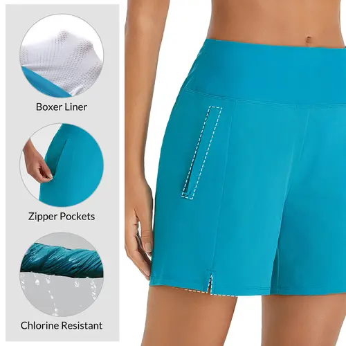 Baleaf Women's 5" High-Waisted Quick-Dry Swim Shorts, Swimsuit Shorts with Boxer Liner, Zipper Pockets for Beach, Swimwear