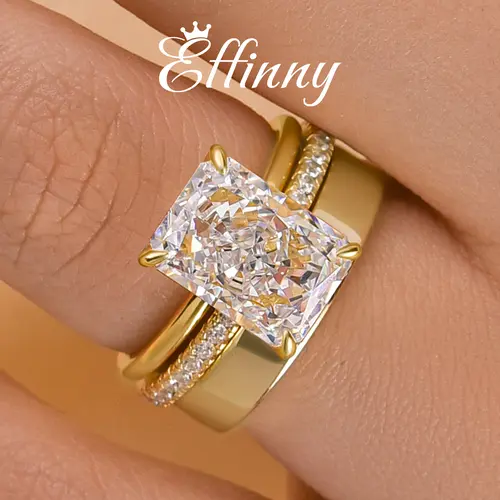 Effinny Women’s 3-Piece 4.0ct Radiant Cut 5A Cubic Zirconia Golden 925 Fine Silver Wedding Ring Set, for Bridal & Anniversary Occasions, Outdoor Fun