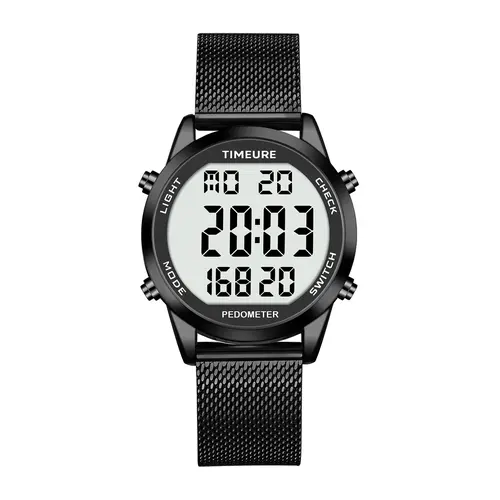 TIMEURE Men's Stainless Steel Metal Pedometer Fitness Tracker Watch - No App, No Charging, Step Counter, Calorie/Distance Tracker, Alarm, Countdown Timer, Waterproof Wearable for Outdoor Walking (TU 2306B) sohochic